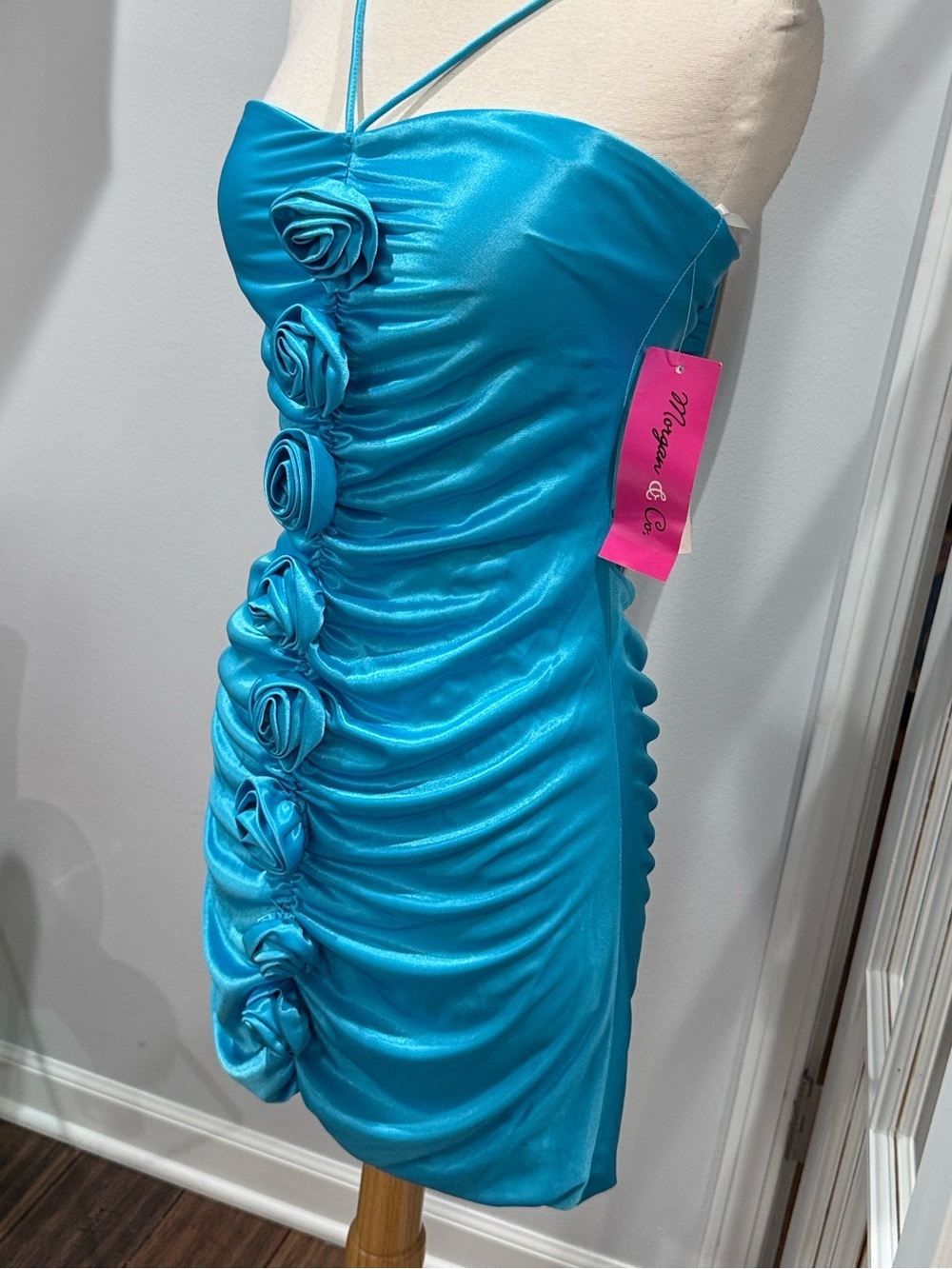 Morgan & Co. Turquoise Satin Ruched Mini Dress with Rosette Detail